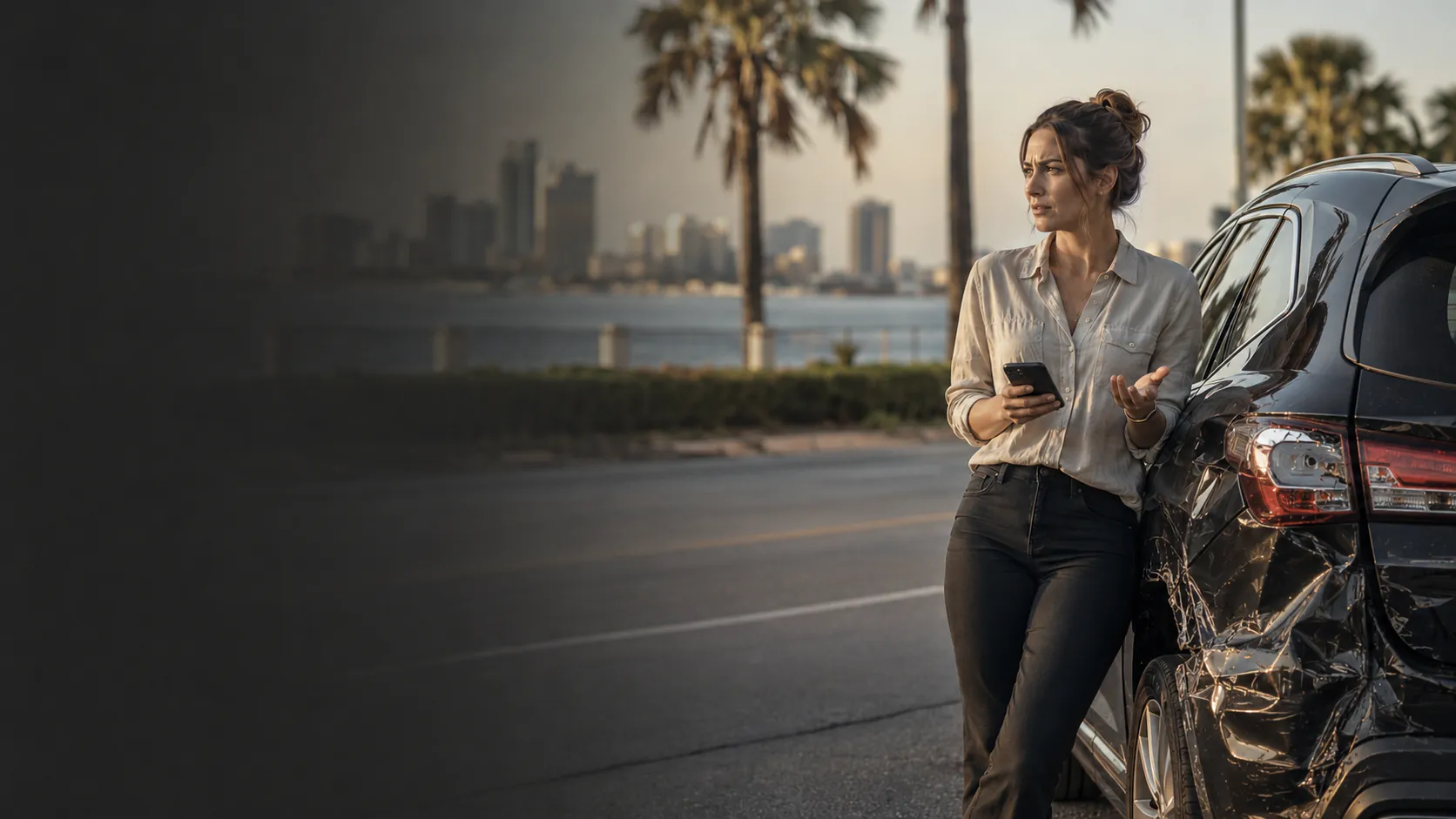 A woman standing beside a damaged vehicle after an accident in Tampa Bay